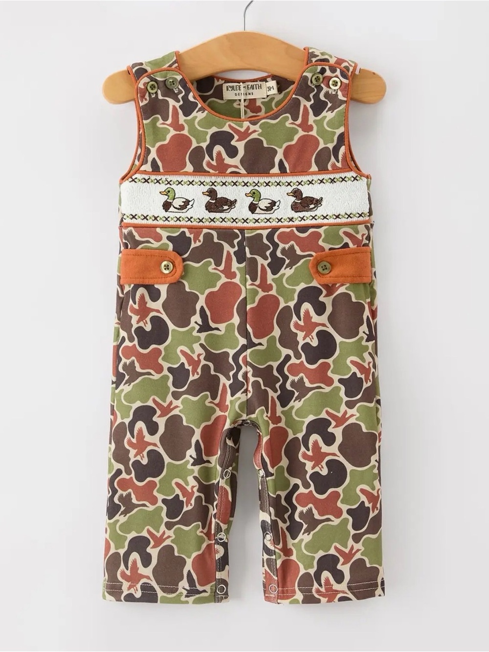 Smocked Duck Camouflage Overalls - Orange/Green/Brown